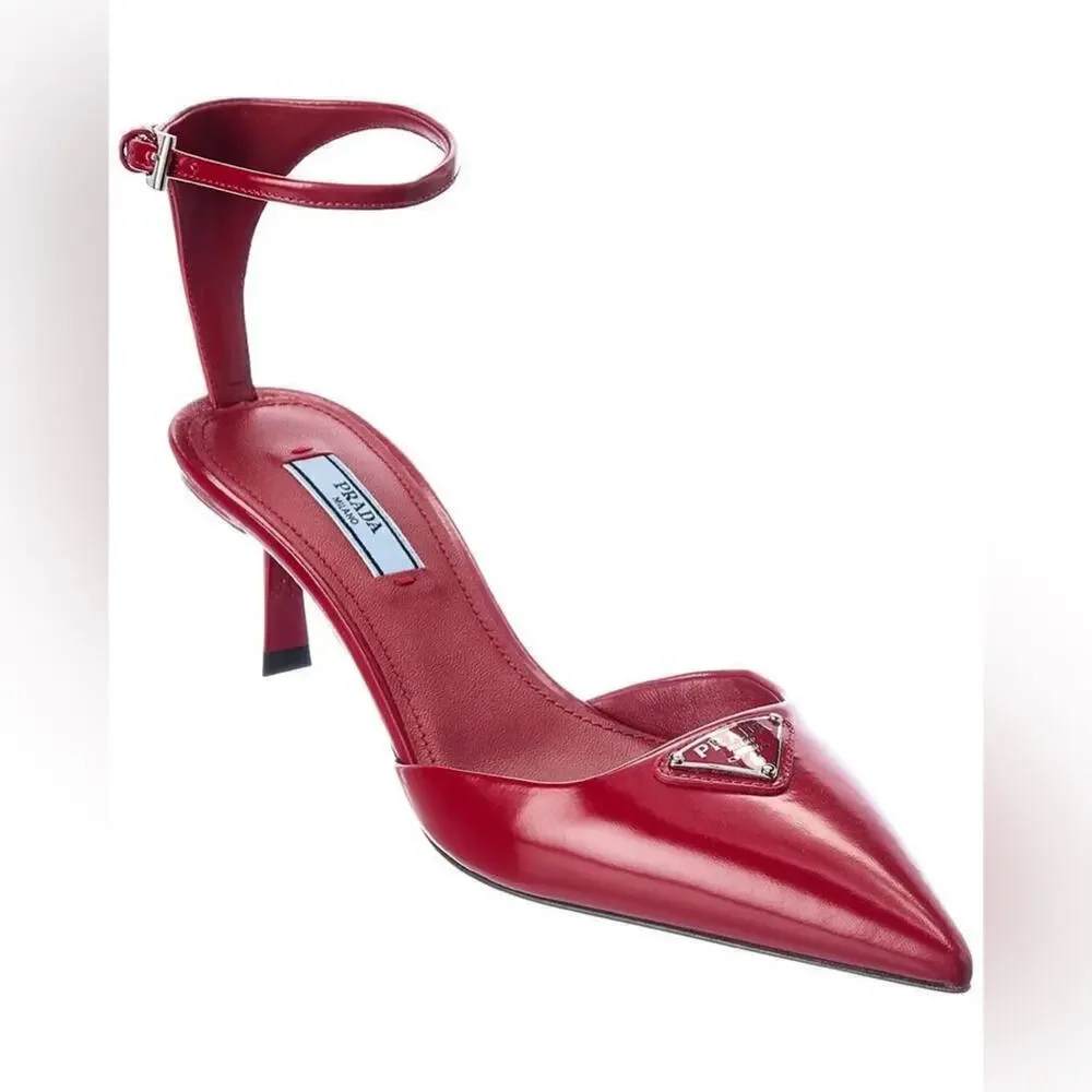 Prada Scarlet Red Leather Logo Plaque pointed toe ankle strap pumps EU 40
